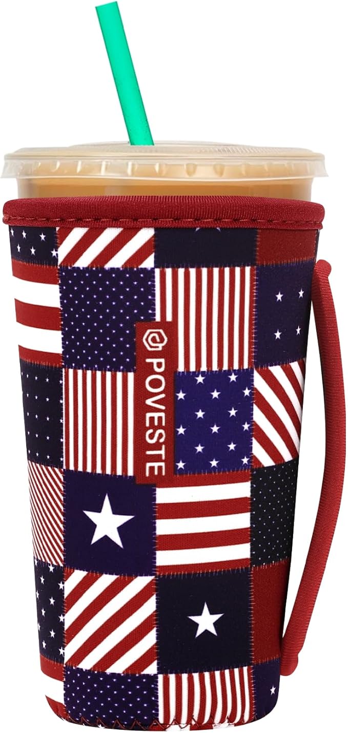 Reusable Neoprene Insulator Sleeve for Iced Coffee & Cold Soda, Coffee Sleeves for Iced & Hot Drinks, Cold Beverage Cooler Compatible with Starbucks, Dunkin (Patriotic Flags, Large: 32oz)