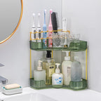 Upgraded 2-Tier Corner Bathroom Countertop Organizer – Spacious Storage for Makeup, Skincare & Perfumes, Built-in Brush Holder Fits Vanity/Dresser/Bsthtub (Sage Green)