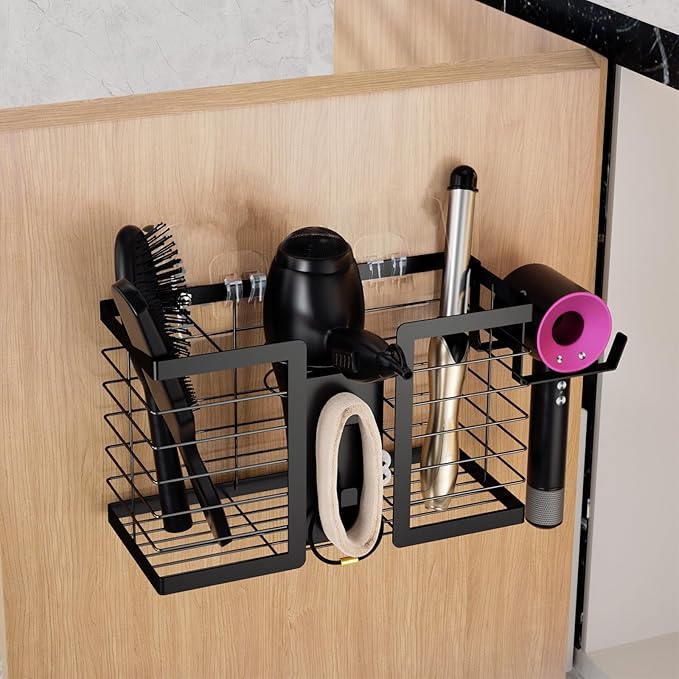 FUNKYLEE Hair Tool Organizer, 3 in 1 Metal Hair Dryer Holder Wall Mounted for Flat Iron, Curling Iron, Straightener, Styling Tools Bathroom Storage and Organizer (Black)