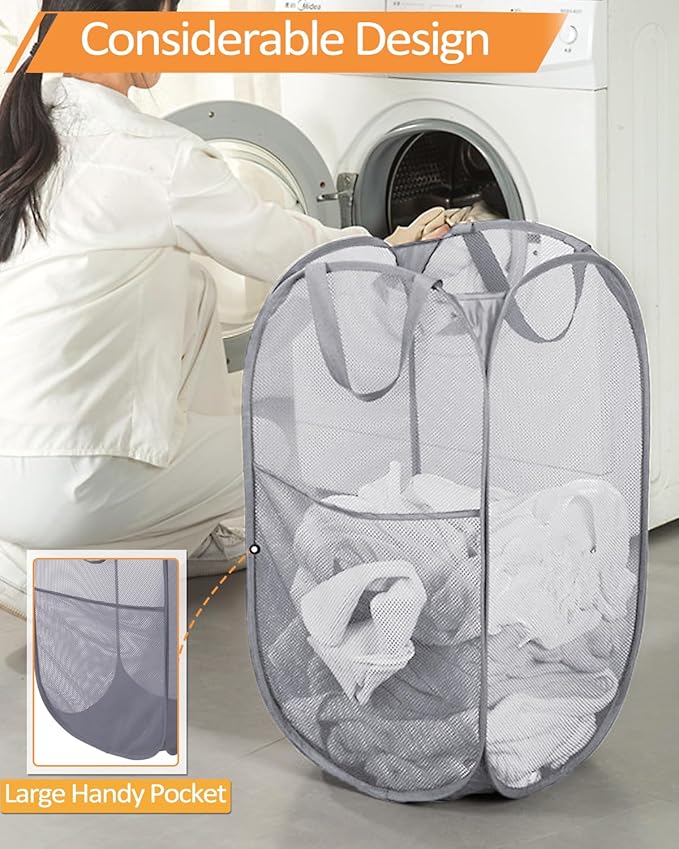 Durable Collapsible Laundry Baskets, Foldable Laundry Hamper with Side Pocket, Tear-resistant Clothes Hampers for Bathroom, Laundry, Kids Room, Dorm or Travel Grey