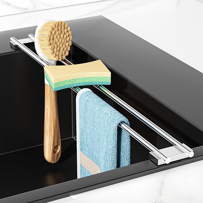 Dish Cloth Holder for Kitchen Sink, Adjustable Over-The-Sink Dish Rag Rack, Metal Kitchen Racks Sink Brush Holder, Drying Rack for Dishcloths, Sponges, Brushes, and Bottles (1, Sliver)