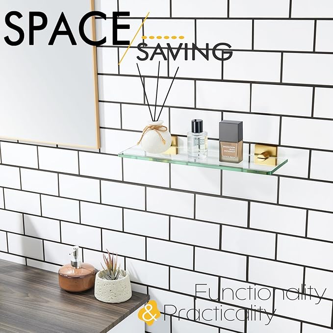 KOKOSIRI Floating Wall Shelf 16-Inch Bathroom Tempered Glass Shelves Shower Rack Kitchen Storage Home Decor, 2 Pack Gold Stainless Steel B1107BG-L16-P2