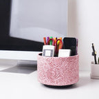 lizimandu Round Leather Art Supply Organizer,Remote Control Holder,360 Degree Spinning,Multi-Functional Pencil Holder,4 Compartments Desktop Stationary Organizer(1-Carved Pink)