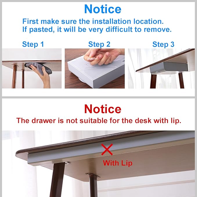 2 Pack Under Desk Drawer Self-Adhesive Desktop Storage Organizer, Hidden Attachable Slide Out Desk Drawer, Under Table Tray for Pencil Pen Stationery Office Organization, Gray