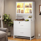 SEDETA 2 Drawer File Cabinet with Lock, Charging Station and Bookshelf, Filing Cabinet Fits Letter, Legal, A4 Size, Wood File Cabinets for Home Office, Printer Stand with Storage Shelf, White