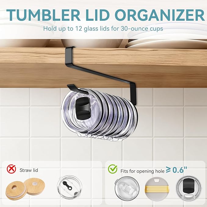 Coffee Mug Holder, 2 Pack Tumbler Lid Organizer for Yeti Lids Holder, Mug Hanger Under Cabinets,Space Saving Cup/Mug Rack Holds Up to 12 Lids,Water Bottle Lid Organizer for Kitchen Storage