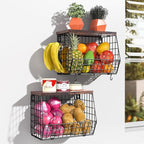 Fruit Basket for Kitchen Counter 2 Tier Fruit Bowl, Stackable Wall Mounted Hanging Fruit Basket Wire Baskets with Wood Lid with 4 Banana Hanger Hooks, Onion Basket, Fruit and Vegetable Storage