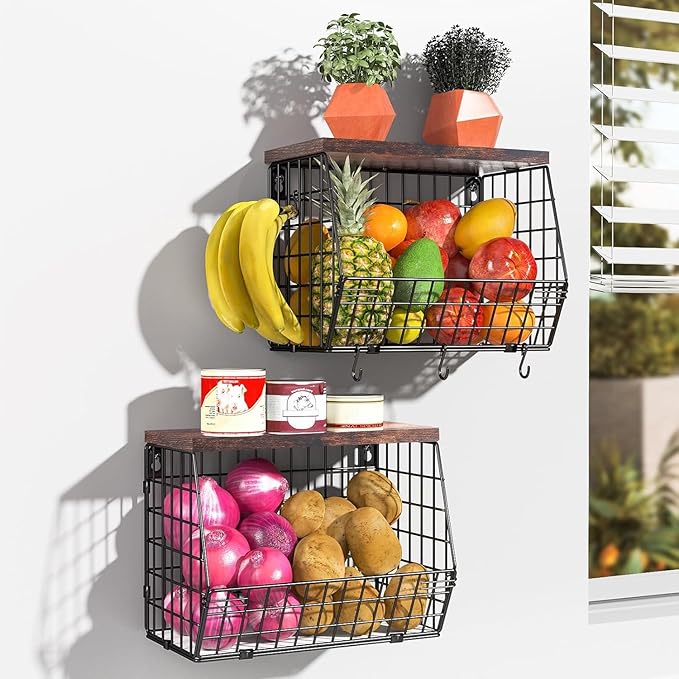 Fruit Basket for Kitchen Counter 2 Tier Fruit Bowl, Stackable Wall Mounted Hanging Fruit Basket Wire Baskets with Wood Lid with 4 Banana Hanger Hooks, Onion Basket, Fruit and Vegetable Storage