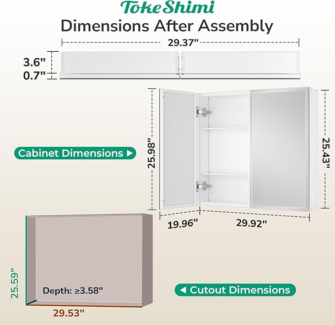 TokeShimi 30 x 26 Medicine Cabinet, Assembly Required, Recessed Medicine Cabinet with Tempered Beveled Mirror, DTC Hinge, Frameless Bathroom Mirror with Storage, Recessed/Surface-Mounted