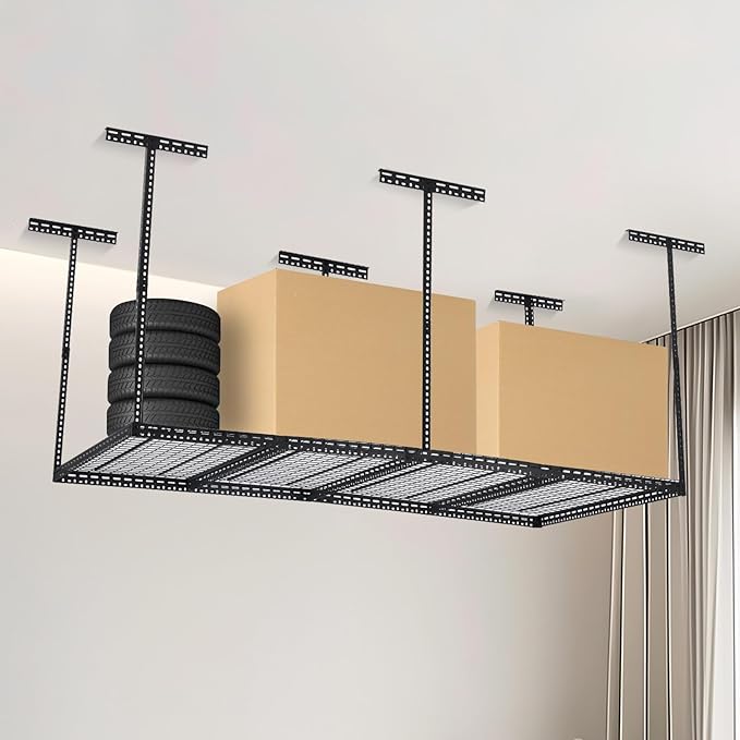 Garage Storage Rack 4x8 ft Overhead Ceiling Mounted Storage Racks Adjustable Garage Storage Organization of Heavy Duty Metal 600Lbs Weight Capacity