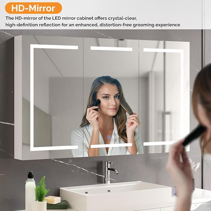 VINGLI 60 x 36 Inch Extra Large Lighted Bathroom Medicine Cabinet with Mirror, Large 3-Door Wall Mounted Bathroom Medicine Cabinet with Lights, Dimmable Mirror with Storage, Built-in Outlet & USB