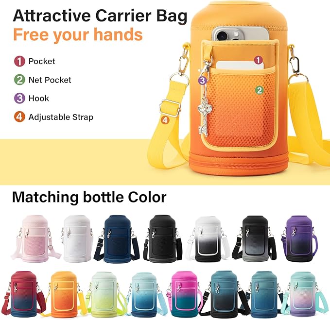 64 oz Insulated Water Bottle | Upgraded Thickened Stainless Steel Water Jug for Hiking with Straw, Carrier Bag, Handle Strap | BPA-Free 64 oz