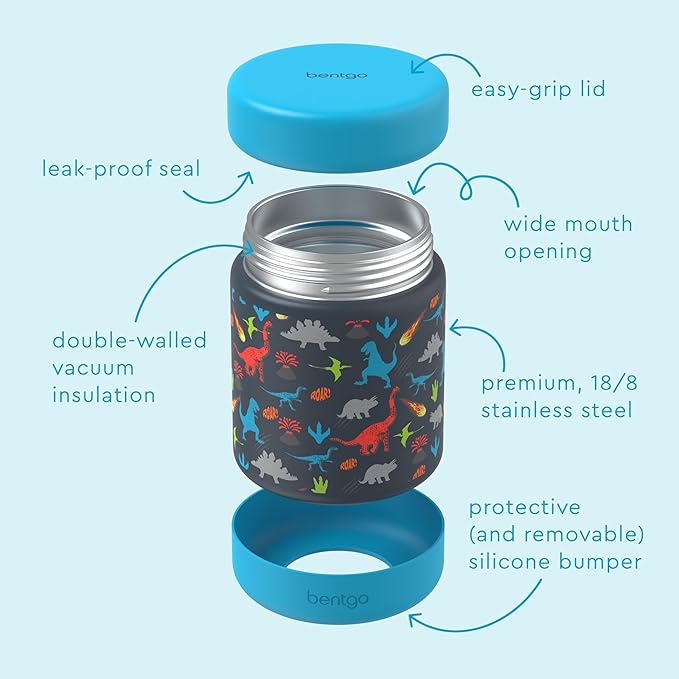 Bentgo Kids Stainless Steel Food Jar - 11oz Leak-Proof Double Insulated Hot or Cold Food Container with Removable Silicone Bumper, Dishwasher Safe, Easy Open Lid, Ages 3+ (Dinosaur)