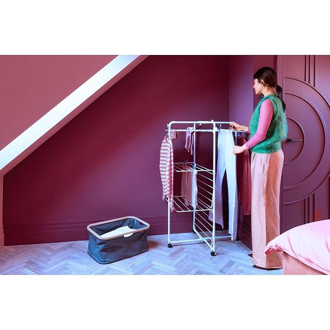 Brabantia HangOn Tower Clothes Drying Rack with Wheels | 76ft (23m) | White | Tall 3-Tier Indoor Clothes Airer with Adjustable Shelves for Towels, Folds Flat to Save Space | Fits 2+ Full Loads
