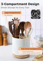 LoeJan 3 Compartment Utensil Holder, Extra Large Utensil Crock, Stable Ceramic Utensil Organizer, Cooking Tool Organizer Set for Kitchen Counter Farmhouse Decor (C-White(Grossy))