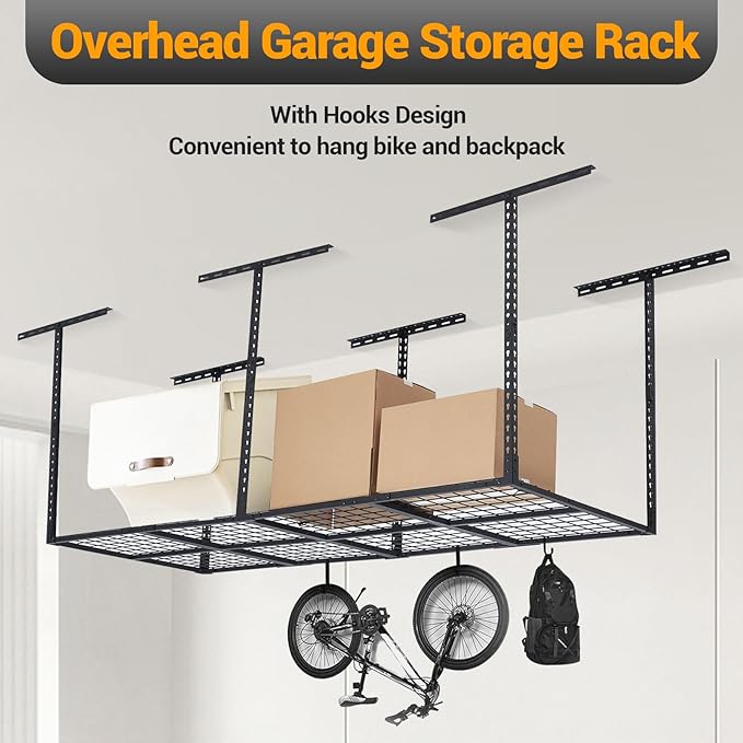 PeakPursuit 3x8FT Overhead Garage Storage Rack, 600LB Capacity Heavy Duty Ceiling Storage Racks, 22-40" Height Adjustable Metal Organizer System for Seasonal Items & Tools