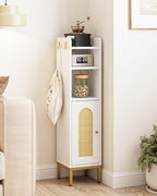 Bathroom Storage Cabinet, Small Corner Floor Hutch with Door and Shelves, Narrow Toilet Paper Cabinet, Bathroom Organizer with Adjustable Shelf, for Small Spaces (Classic-Rattan, White)