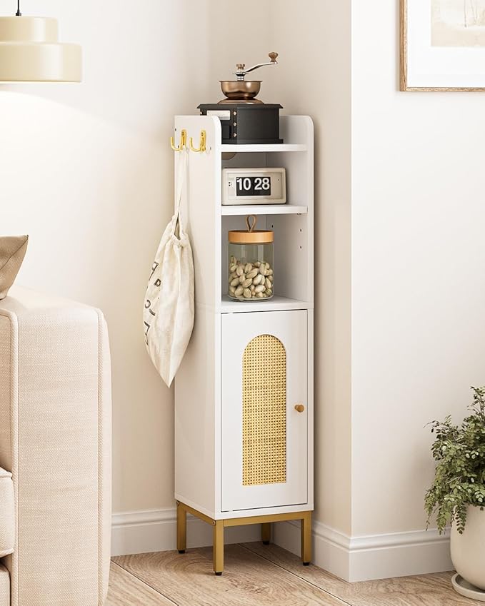Bathroom Storage Cabinet, Small Corner Floor Hutch with Door and Shelves, Narrow Toilet Paper Cabinet, Bathroom Organizer with Adjustable Shelf, for Small Spaces (Classic-Rattan, White)