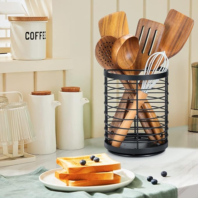 360° Rotating Utensil holder for Kitchen Counter,5.9"x5.9"x7.8" Large Round Utensils Holder with Wooden Base Matte Black Cooking Utensil Holder，Kitchen countertop Utensil Organizer (Rotating+Metal)