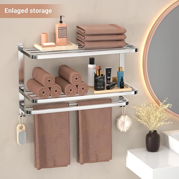 DDS-DUDES 23 Inches 3-Tier Towel Racks for Bathroom with Towel Bars Multilayer Hotel Towel Shelf Stainless Steel Wall-Mounted Brushed Finish Holder with Towel Shelves