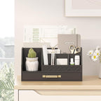 Bamboo Desk Organizer with Drawers, Mail Organizer Countertop Wood Desk Drawer Tabletop Storage Organization Pen Holder Letter Sorter Makeup Organizer for School Home Office (Black)