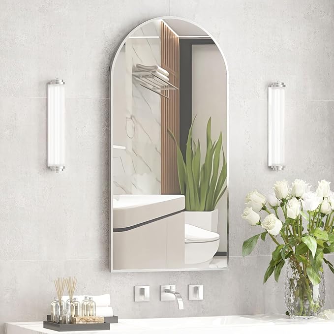 Arched Medicine Cabinet with Mirror,Recessed Medicine Cabinet Mirrors for Bathroom Mirror with Storage,Arched Metal Edge Medicine Cabinet,Brushed Nickel Arch Medicine Cabinets Mirror 16x31