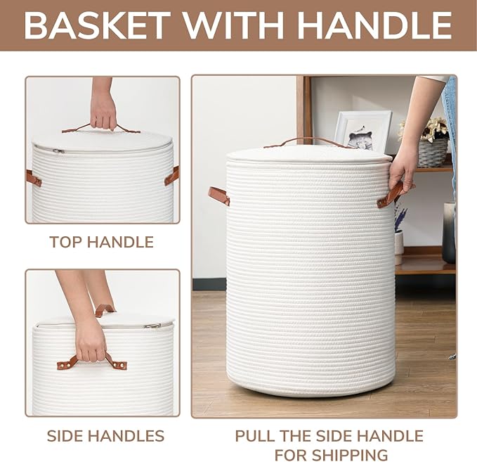 CHICVITA Tall Laundry Basket with Lid, White Clothes Laundry Hamper for Nursery, Cotton Rope Storage Basket for Clothes, Blankets, Toys, Laundry Bin, 15 x 20 inches