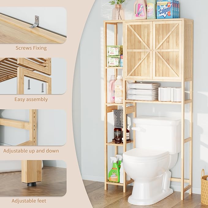 Bamboo Over The Toilet Storage, Above Toilet Organizer Storage Shelf Stand, Tall Freestanding Behind Toilet Rack, Tiered Bathroom Space Saver Shelving, Easy Assembly (Natural)