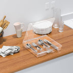 Utensil Holder for Countertop with Lid, Plastic Silverware Tray for Drawer, 5 Compartments Flatware Organizer,Transparent