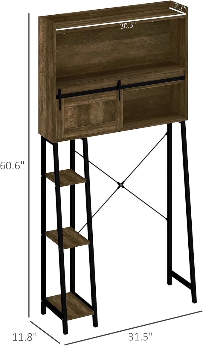 HOMCOM Over the Toilet Storage Cabinet, Freestanding Over Toilet Bathroom Organizer with Sliding Door, 3 Storage Compartments and 4 Open Shelves, Distressed Brown