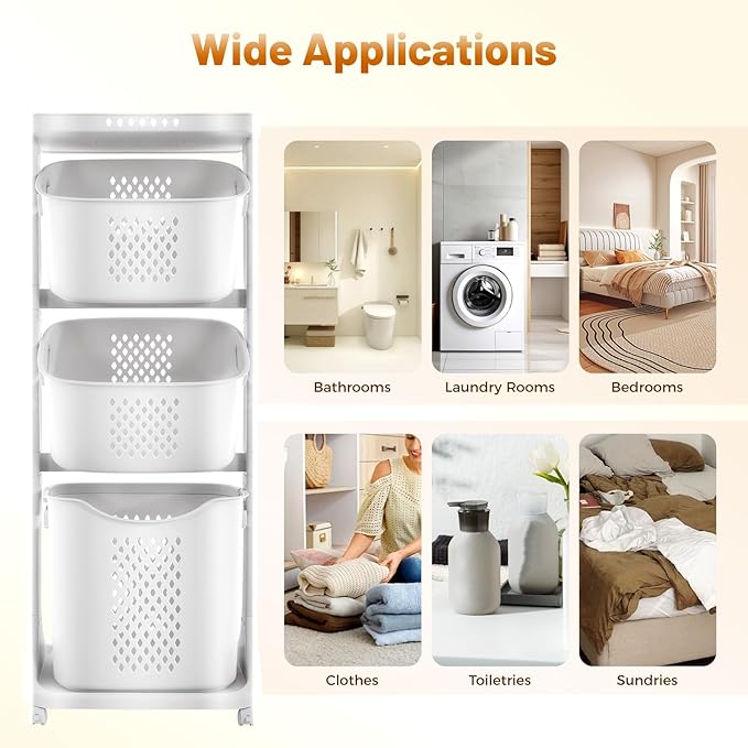 Rolling Laundry Hamper Cart, 3 Tier Portable Clothes Washing Storage Hamper with 360° Wheels & Storage Baskets, Freestanding Rolling Clothes Laundry Basket Organizer for Living Room, Bedroom