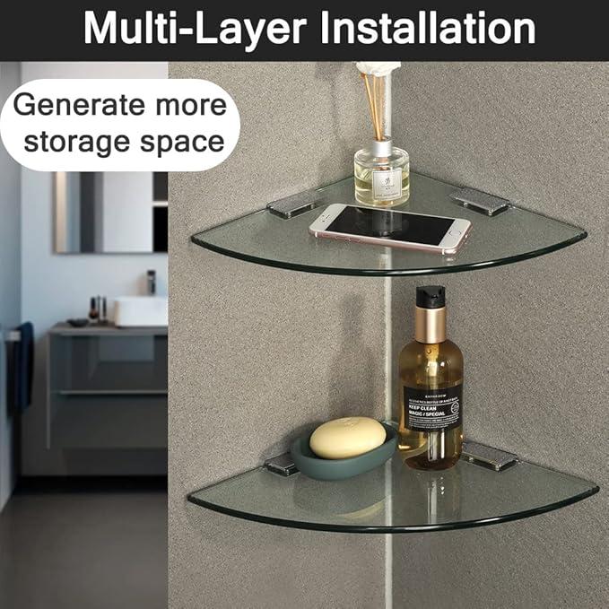 SAYAYO Glass Corner Shelf for Wall, Tempered Floating Glass Shelves for Bathroom 1 Pcs, Clear