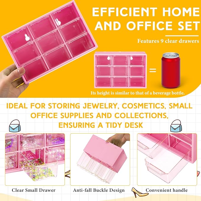 Wenqik 2 Pcs Mini Storage Drawers Teacher Toolbox Organizer with 9 Clear Drawers Small Plastic Desktop Teacher Desk Craft Organizer for Classroom Office 7" x 3. 9" x 4. 7"(Rose Red)