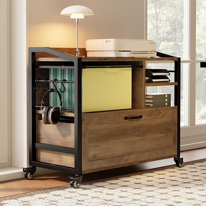 HSH Mobile Lateral File Cabinet with Drawer, Rolling Filing Cabinet for Legal Letter Size, Printer Stand with Storage Shelf, Lockable Wheels, Hanging File Organizer for Home Office, Rustic Oak, 33Inch