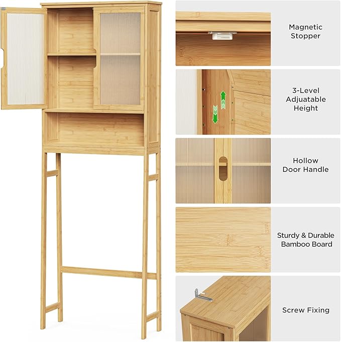 BAMBANG Over The Toilet Storage Cabinet, Bamboo Bathroom Over Toilet Storage Organizer with Adjustable Shelves and Double Doors, Above Toilet Storage Cabinet, Natural