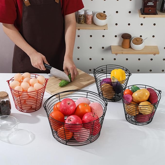 Colorful Metal Mesh Wire Egg Collecting Basket with Handle Portable Garden Vegetable Fruit Storage Lightweight Hanging Collector for Farmhouse Gathering Kitchen Picnic (Black, Normal - 8")