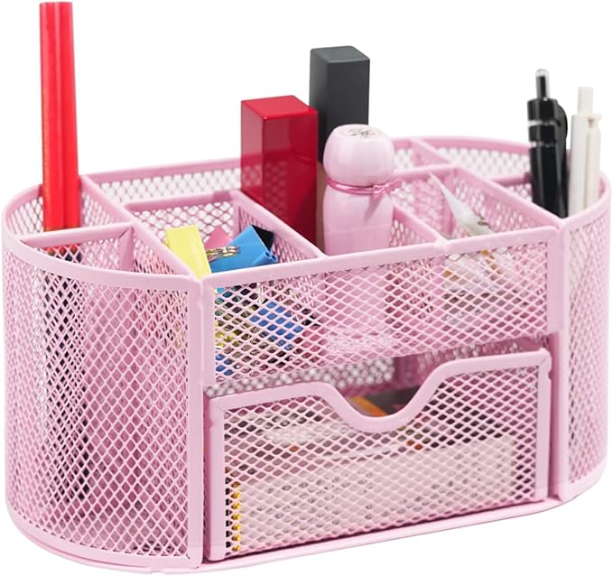 Desktop Organizer with Pencil Pen Holder and Accessories Offering 8 Compartments and 1 Drawer for Home, School and Office. (Cherry Blossom Pink)