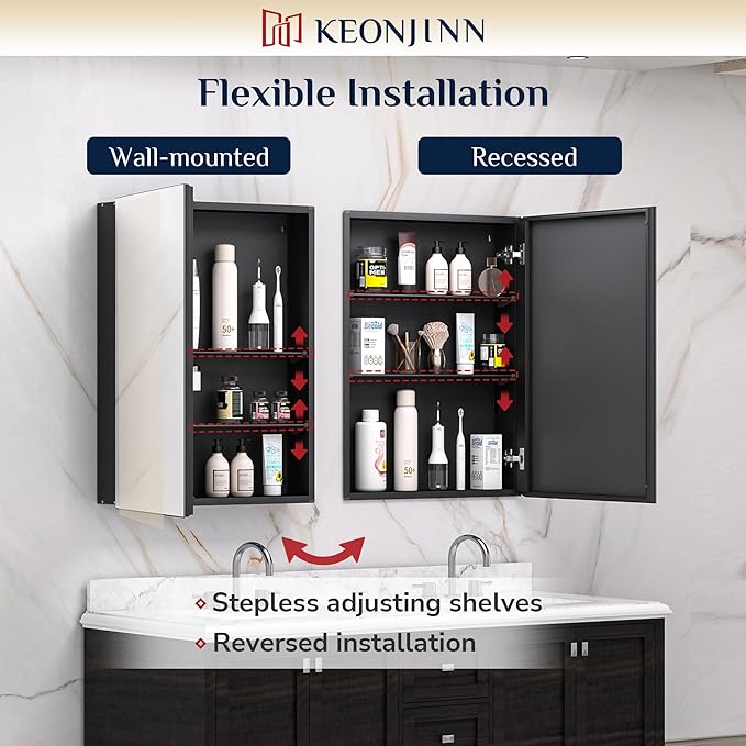 Keonjinn 40 x 32 Inch Large Medicine Cabinet for Bathroom, Black Lightweight Combined Double Doors Mirrored Cabinet, Assembly Needed, Recessed or Wall Mount, Flexiable Ample Storage, Soft Closing