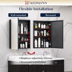 Keonjinn Black Medicine Cabinet for Bathroom with Mirror 16 x 24 Inch, Assembly Required, Lightweight, Tempered Glass, Free Adjustable Shelves, Recessed or Wall Mount, Bathroom Mirrors with Storage