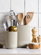 LE TAUCI Utensil Holder for Kitchen Counter, 7.3"+5.4" Fluted Ceramic Utensil Crock Organizer for Countertop, Heavy Large Holder for Spatulas, Spoons, Set of 2, Oatmeal Greige