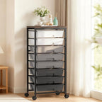 Rolling Cart with 8 Drawers, Plastic Drawer Storage Carts with Wheels & Wooden Tabletop, Metal Utility Cart Organizer for Bedroom Living Room Office Classroom Craft Organization and Storage, Grey