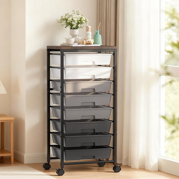 Rolling Cart with 8 Drawers, Plastic Drawer Storage Carts with Wheels & Wooden Tabletop, Metal Utility Cart Organizer for Bedroom Living Room Office Classroom Craft Organization and Storage, Grey
