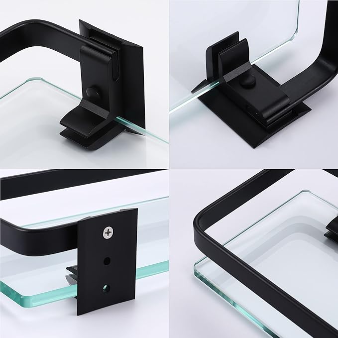 KES Bathroom Glass Shelf, Glass Floating Shelves Aluminum Black Extra Thick Tempered Rectangular 1 Tier Basket Wall Mounted, 2 Pack, A4126A-BK-P2