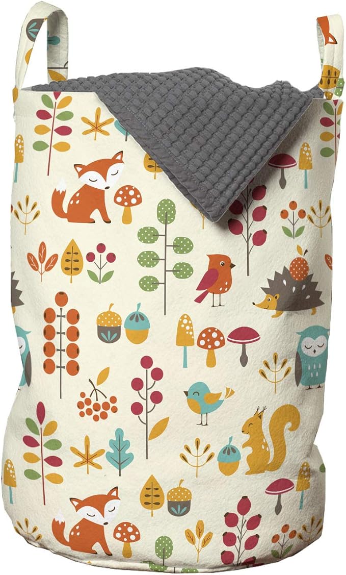 Ambesonne Cartoon Laundry Bag, Autumn Pattern Owl Fox Squirrel Birds Animal Leaves Print, Hamper Basket with Handles Drawstring Closure for Laundromats, 13" x 19", Cream Orange