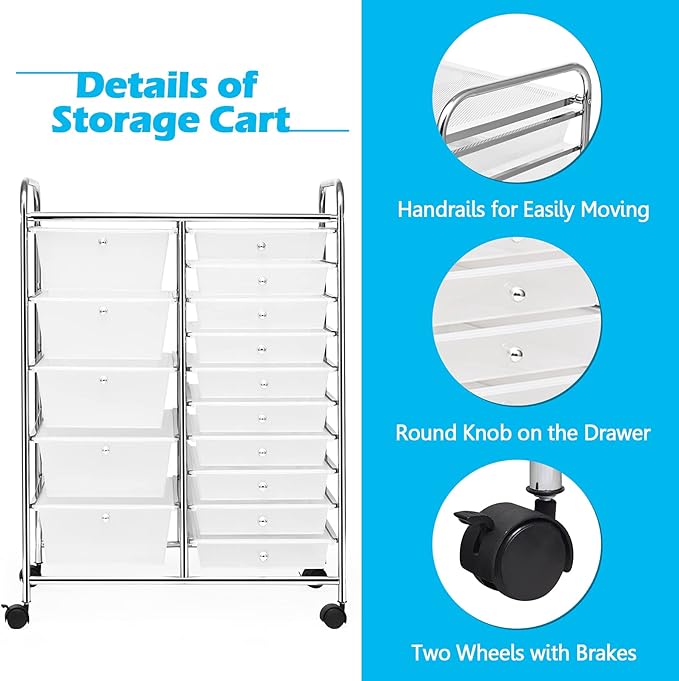 RELAX4LIFE Storage Drawer Carts W/15-Drawer,Rolling Wheels Semi-Transparent Multipurpose Mobile Rolling Utility Cart for School, Office, Home, Beauty Salon Storage Organizer Cart (Clear)