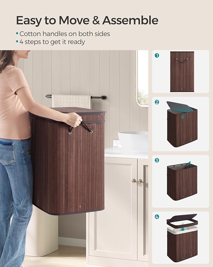 SONGMICS Laundry Hamper with Lid, Bamboo Laundry Basket, Removable Machine Washable Laundry Basket, with Handles, 39.6-Gallons, for Laundry Room, Bedroom, Bathroom, Chestnut Brown ULCB062K01