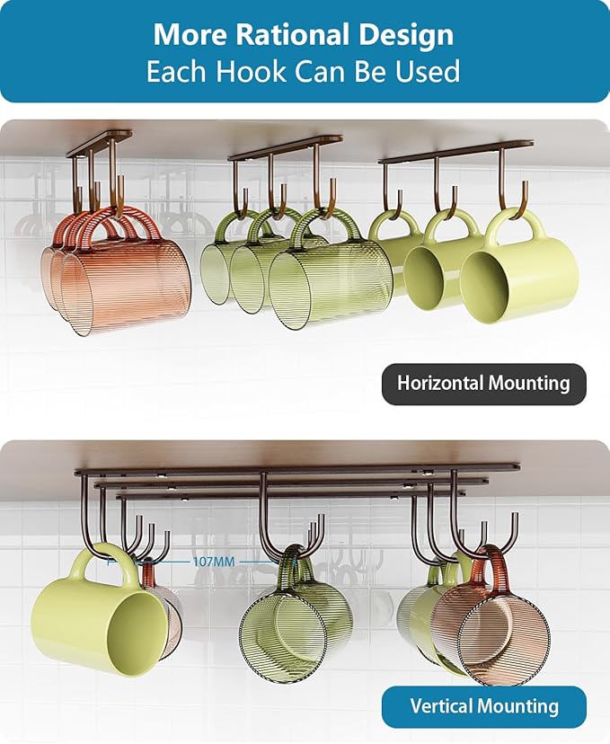 3 Pack Mug Hooks Under Cabinet, Coffee Mug Holder for Hanging Under Shelf, Cup Hanger with 9 Hooks for Displaying Mugs, Coffee Cups and Kitchen Utensils, Brown