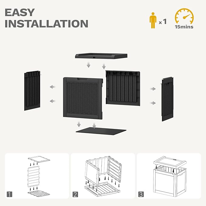 DWVO 32 Gallon Indoor Outdoor Storage Box, Resin Rattan Small Deck Box for Patio Furniture, Cushions, Garden Tools, Sports Equipment,Black
