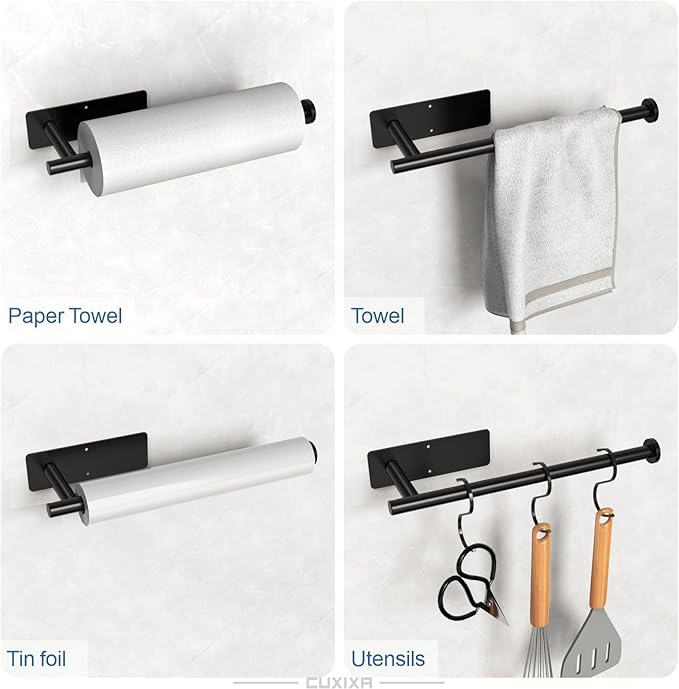 Paper Towel Holder Under Cabinet 2 Pack, Under Counter Paper Towel Holder Wall Mount with Self Adhesive and Screws for Kitchen, Bathroom, RV(Stainless Steel, Black)