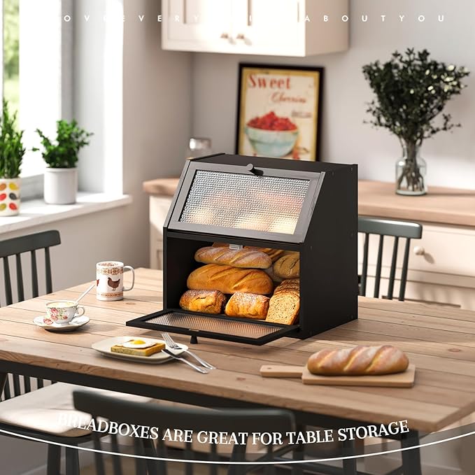 Bread Box for Kitchen Countertop Bin Double Layer Bread Box Storage Container Extra Large Capacity with Diamond Pattern Windows (Black, Extra Large)